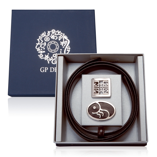 Leather Belt Gift Box Holy Virtue and Supreme Principle Belt (Brown Silver)